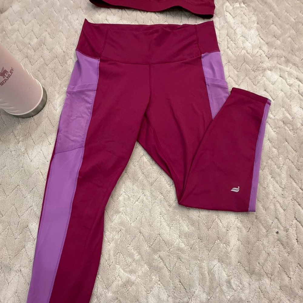 Fabletics woman's burgundy Leggings with Lavender Side Panels
